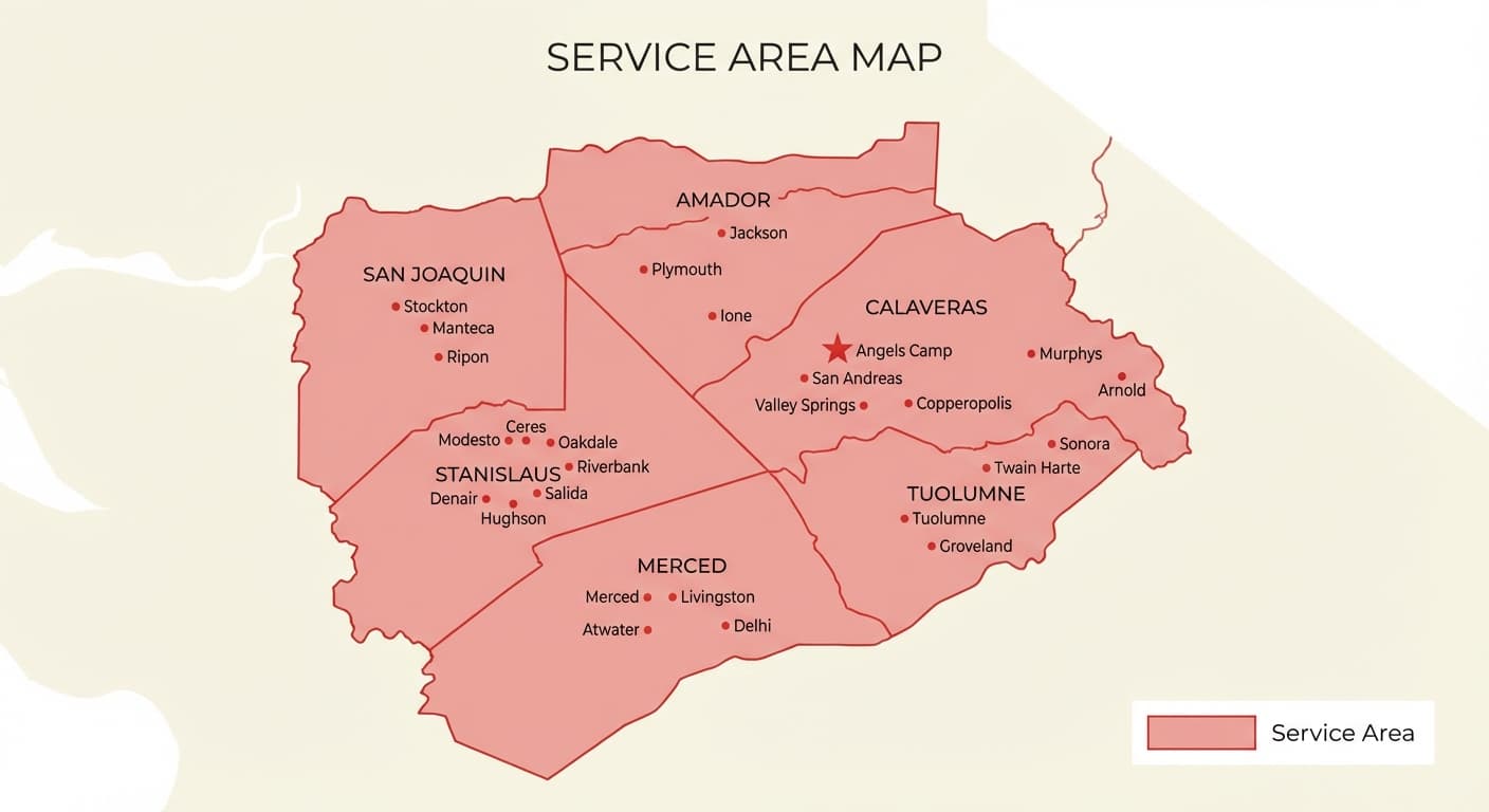 Scott's Distributing service area map showing 6 counties: San Joaquin, Stanislaus, Merced, Amador, Calaveras, and Tuolumne